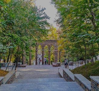 Stairway leading to a colonnade in the autumn scenery of Central Park