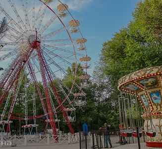 Ferris wheel and retro carousel surrounded by greenery in Central Park
