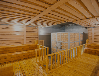 Modern steam room with wooden benches and partition