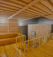 Traditional wooden steam room with benches