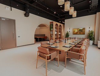 Modern lounge room with wooden furniture and ambient lighting