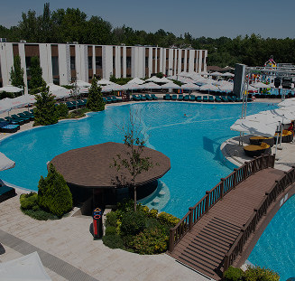 Main pool area at the 'More' water complex with sun loungers and shaded zone